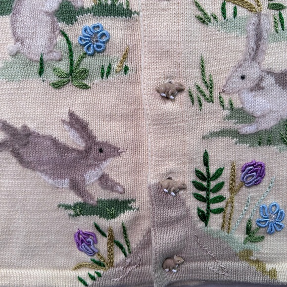 Storybook Knits Cream Cardigan with Green Leaf Appliqué Story Book Knits S - Picture 10 of 14